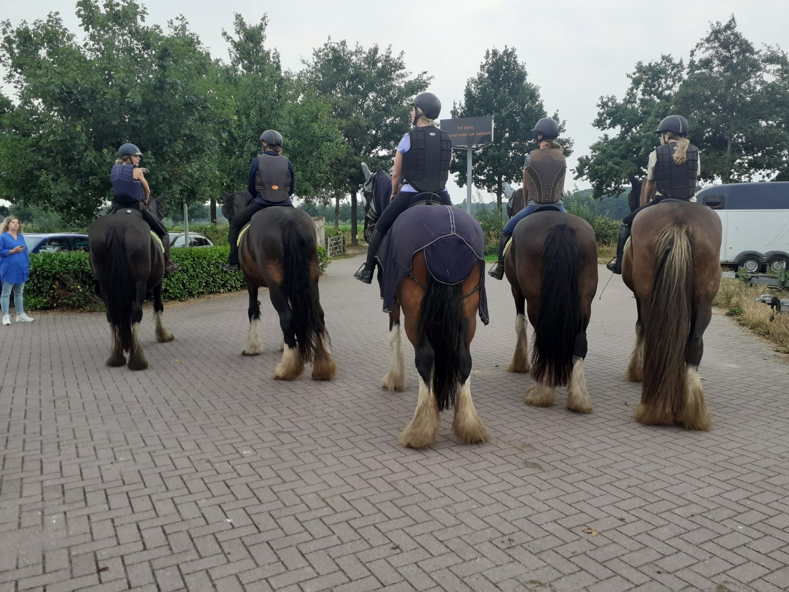 Vijf ruiters te paard, van achteren gezien, op een bakstenen pad; bomen op de achtergrond.