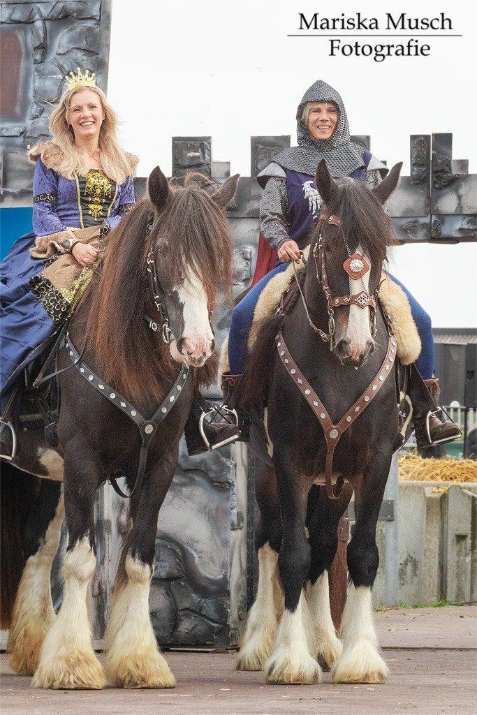 Vrouw in koninklijke kleding en ridder te paard poseren, kasteel op de achtergrond.