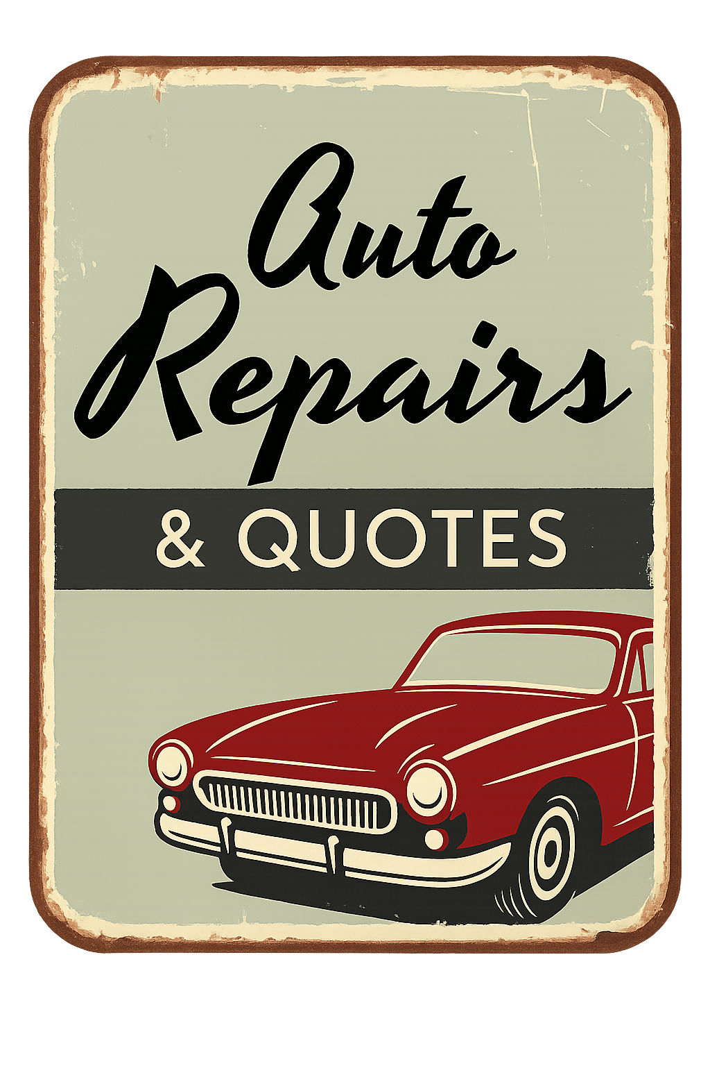 A vintage-style sign with a red classic car, featuring the text 