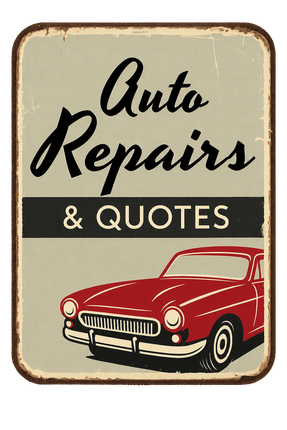 A sign for auto repairs and quotes with a red car on it