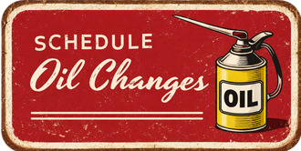 A vintage-style red sign featuring an illustration of a yellow oil can and the text 