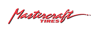 A red logo for mastercraft tires on a white background.
