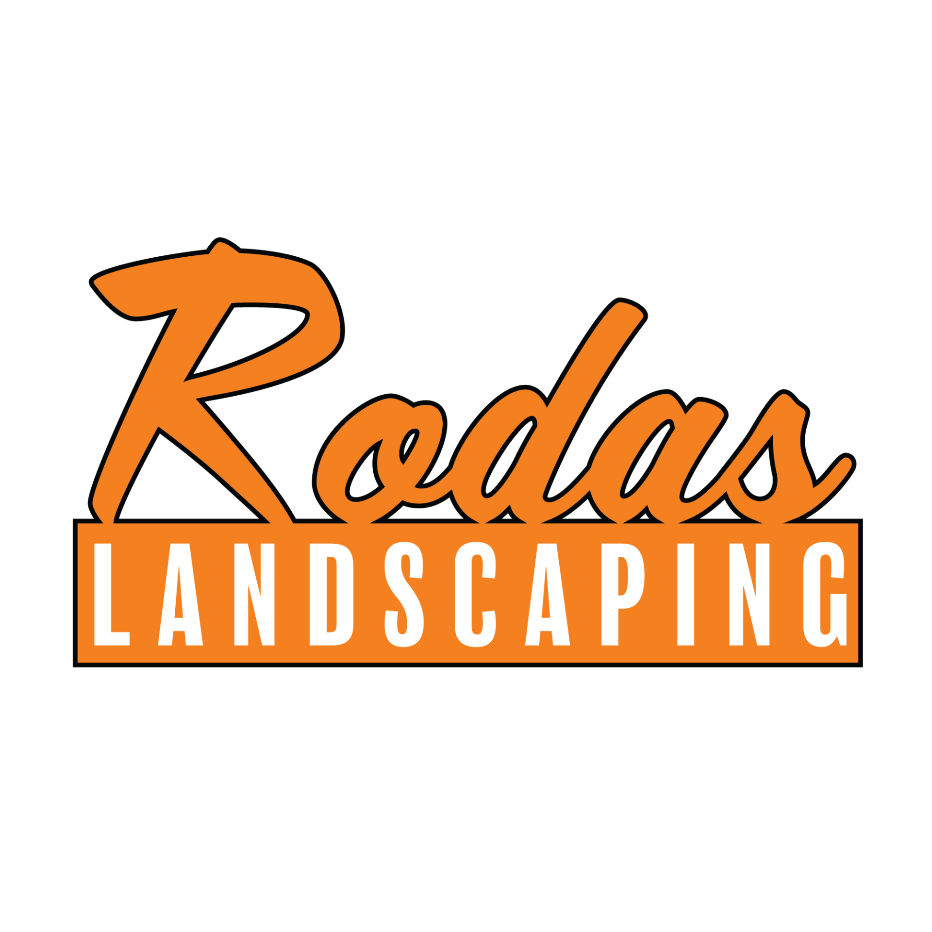 The logo for rodas landscaping is orange and white