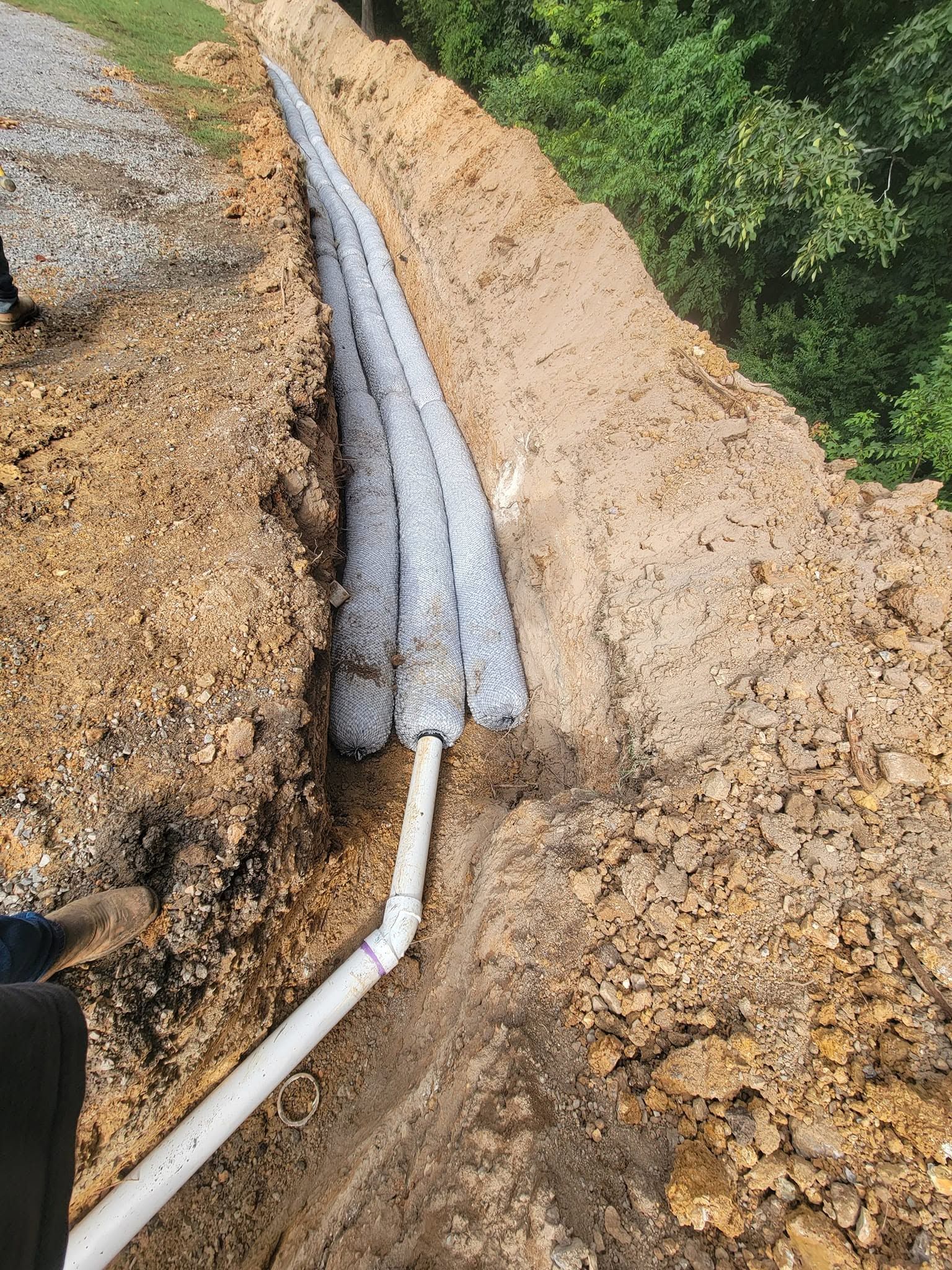 White pipe runs along a dirt trench, partly wrapped in gray insulation beside vegetation.