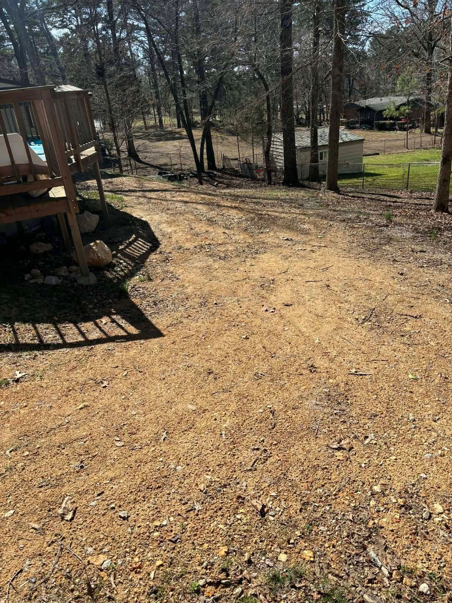 Wooded backyard with a wooden deck, leaf-covered ground, and a small shed in sunlight
