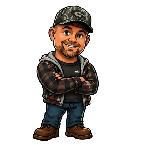 Cartoon man in a camo cap and plaid shirt, arms crossed, smiling.