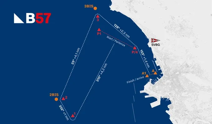 Un percorso di gara velica in acque blu, con boe segnalate e waypoint vicino alla costa.