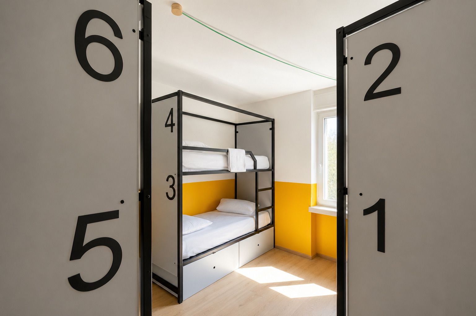 A room with bunk beds, viewed through numbered room dividers. Yellow and white walls.