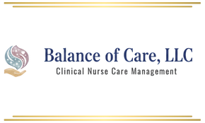 Logo for Balance of Care, LLC featuring a hand cradling a stylized flame icon and the company name in dark blue text.