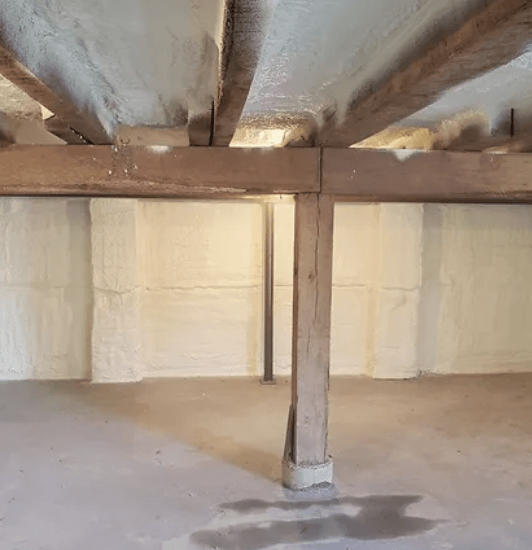 Basement with exposed wooden beams, posts, and spray foam insulation on walls and ceiling.