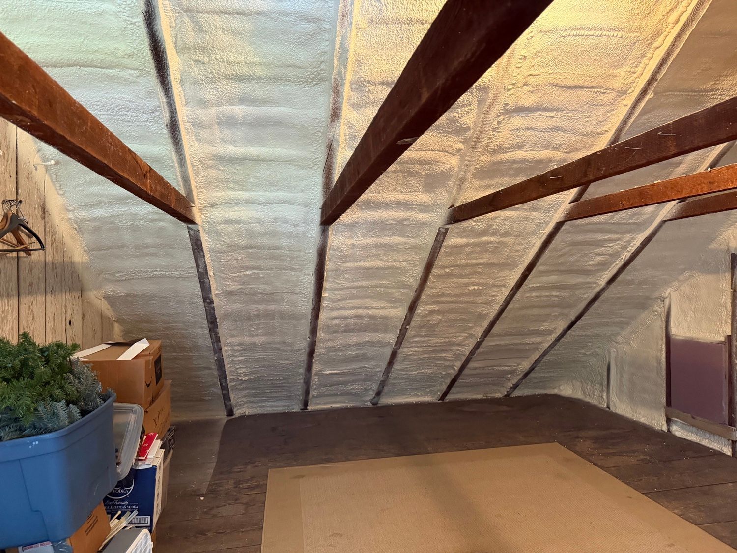 Spray foam sealed attic roof rafters in a historic home, Morgantown PA