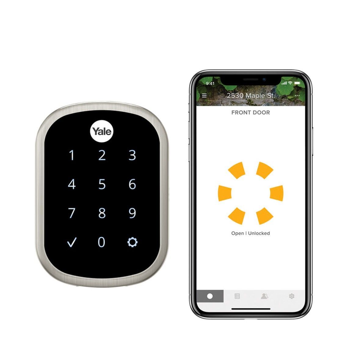 Yale touchscreen keypad beside a smartphone displaying the Yale app connecting to the lock