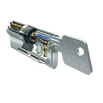 Cutaway view of a metal lock cylinder with a key inserted and the faceplate removed
