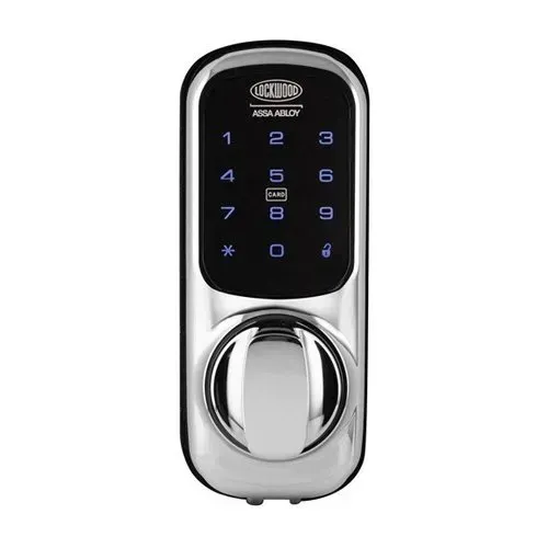 Digital keypad door lock with chrome handle and blue-lit numbers on a black panel