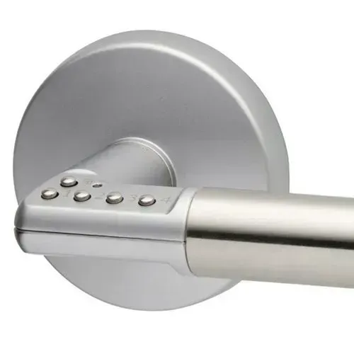 Silver door handle with round backplate and lever latch details