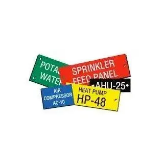 Colorful labeled equipment tags: sprinkler panel, heat pump, water, and air compressor.