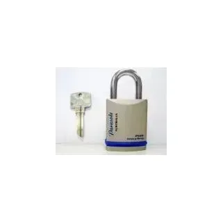 Key and silver padlock on white background