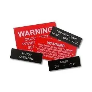 Assorted red and black industrial warning labels, including motor overload, auto, off, and on switches.