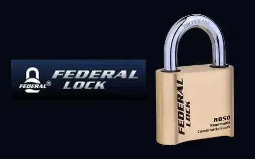 Federal Lock logo beside a brass padlock on a black background