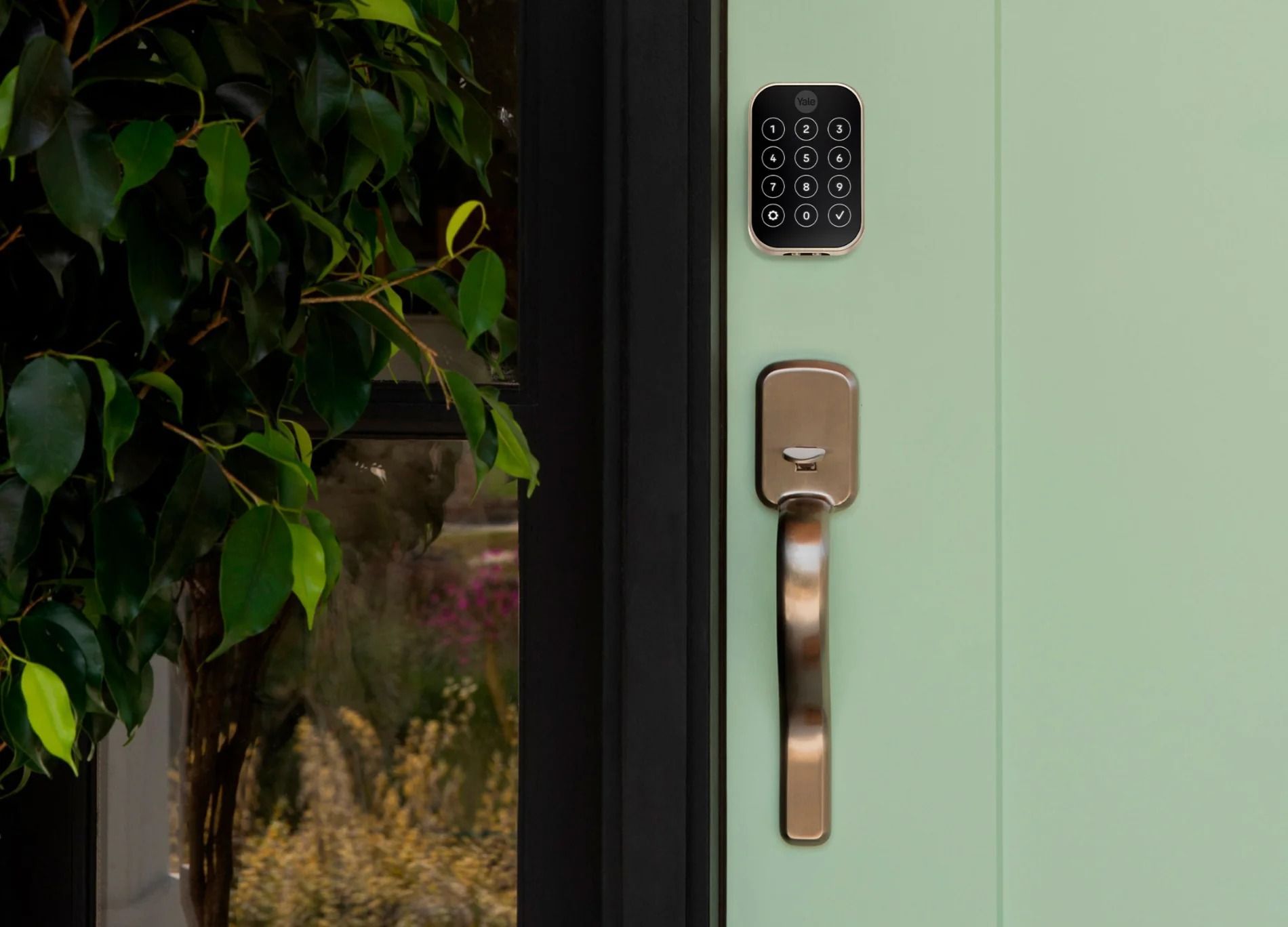 Modern mint-green door with black digital lock and gold handle beside leafy plants