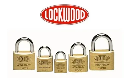 Lockwood logo above five gold brass padlocks on a white background