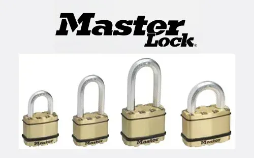 Master Lock logo above four brass padlocks of varying sizes on a white background