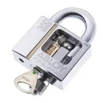 Silver Abloy padlock with open shackle and key inserted