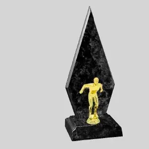Black triangular trophy with a small gold figurine on a black base
