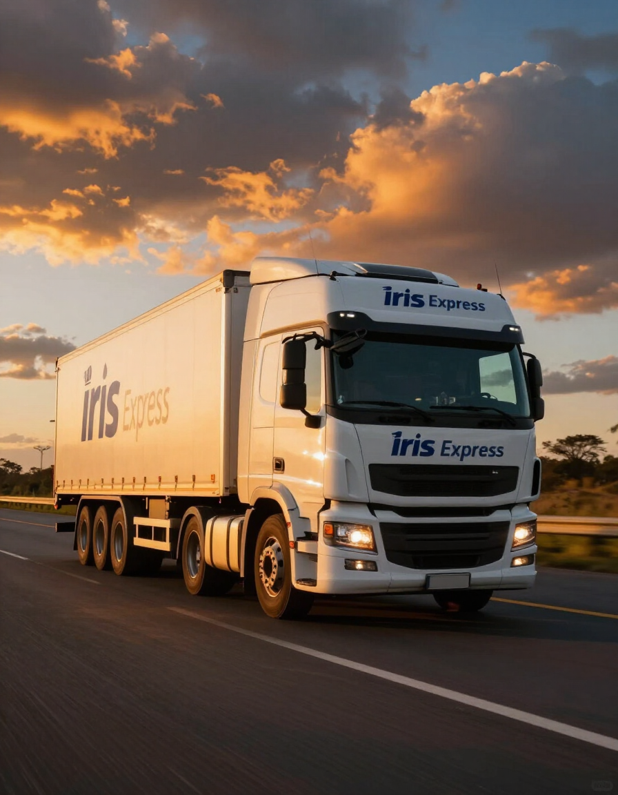 Un camión de reparto de White Iris Express circulando por una autopista al atardecer bajo un cielo nublado de color naranja.