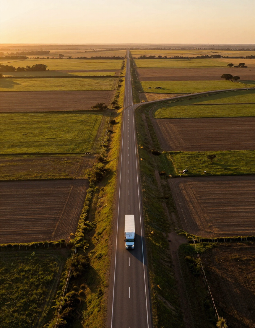 Un camión solitario recorre una carretera recta a través de campos abiertos al atardecer.