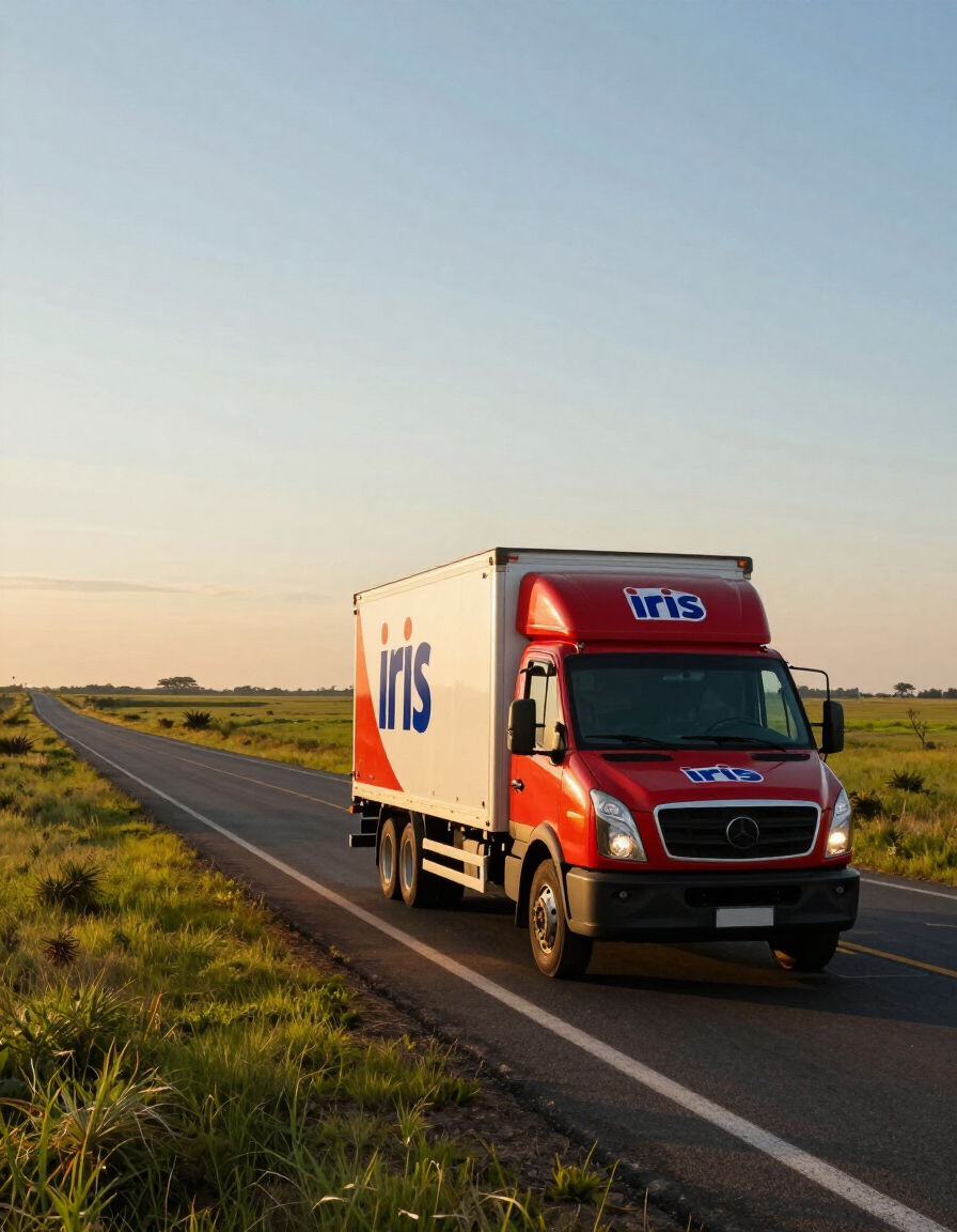 Un camión de reparto de DHL, rojo y blanco, circula por una carretera rural al atardecer.