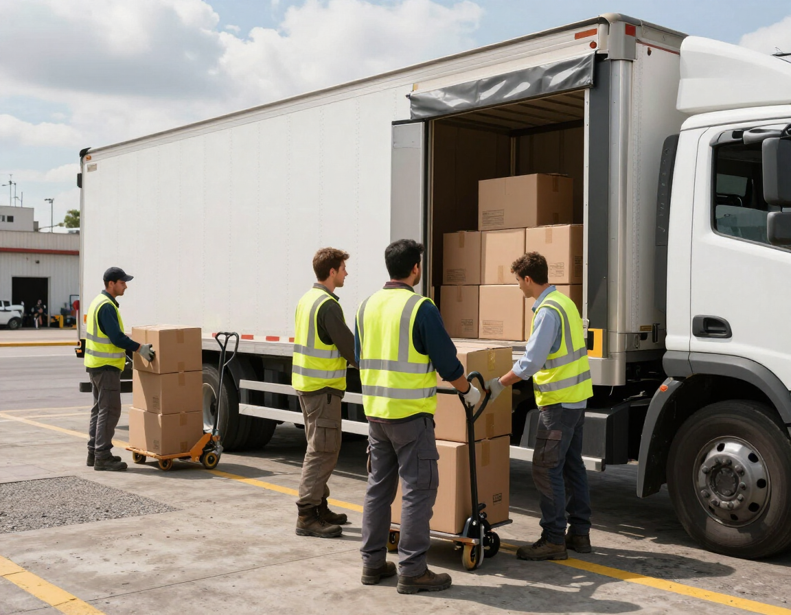 Trabajadores con chalecos amarillos cargando cajas en un camión de reparto blanco en un estacionamiento.