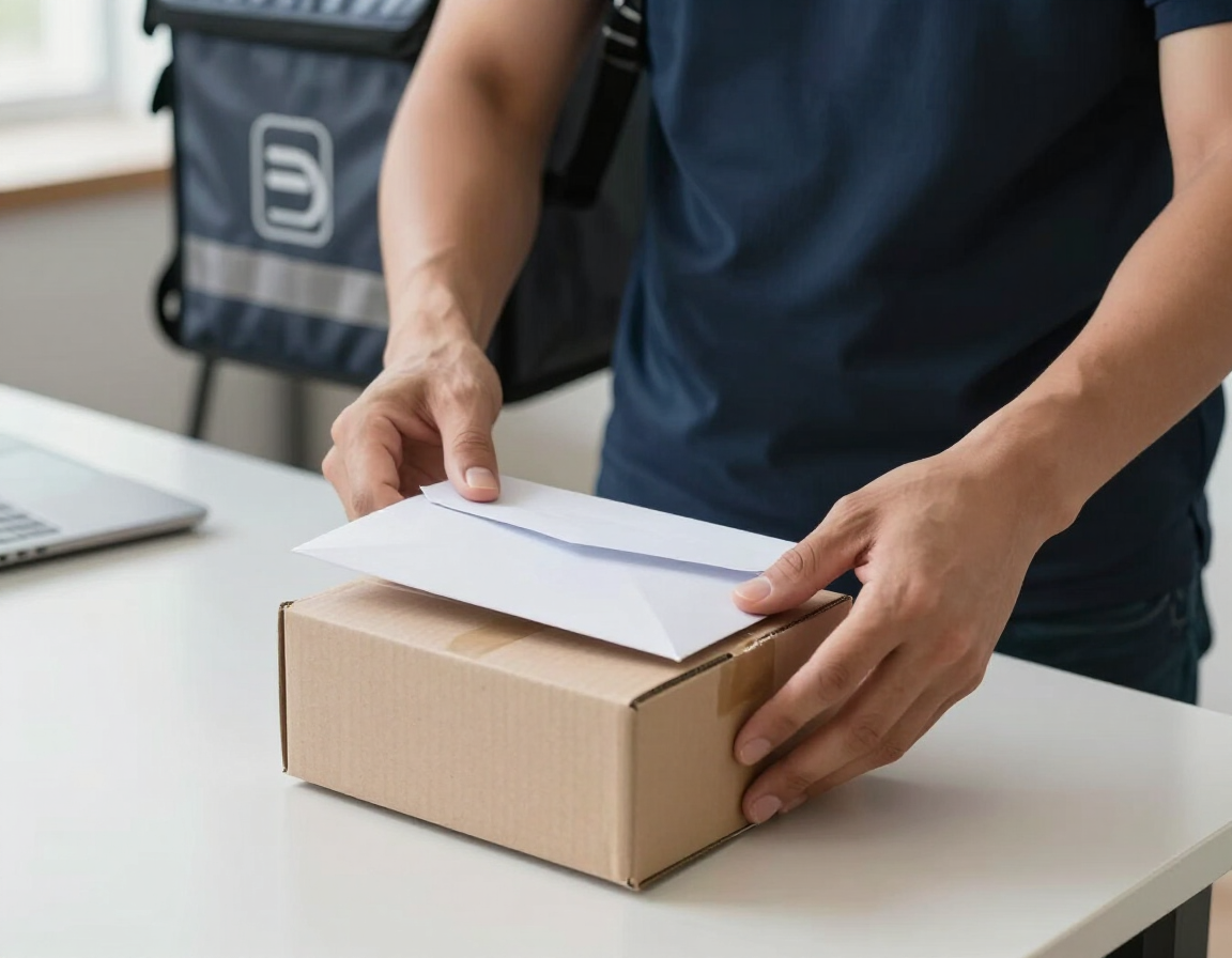 Persona colocando un sobre blanco sobre una pequeña caja de cartón en un escritorio.