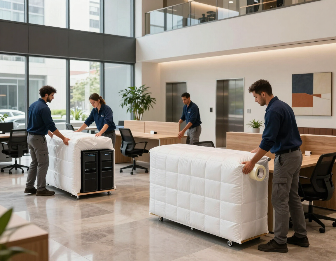 Personas trasladando muebles blancos a través del vestíbulo de una oficina moderna.