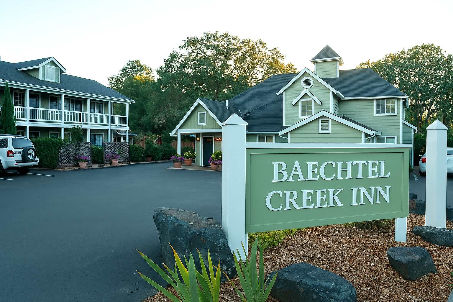 Baechtel Creek Inn sign in front of a green building and a two-story white building; sunny day.