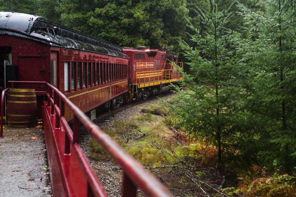 Red train car on tracks in a forest, with a red handrail in foreground.