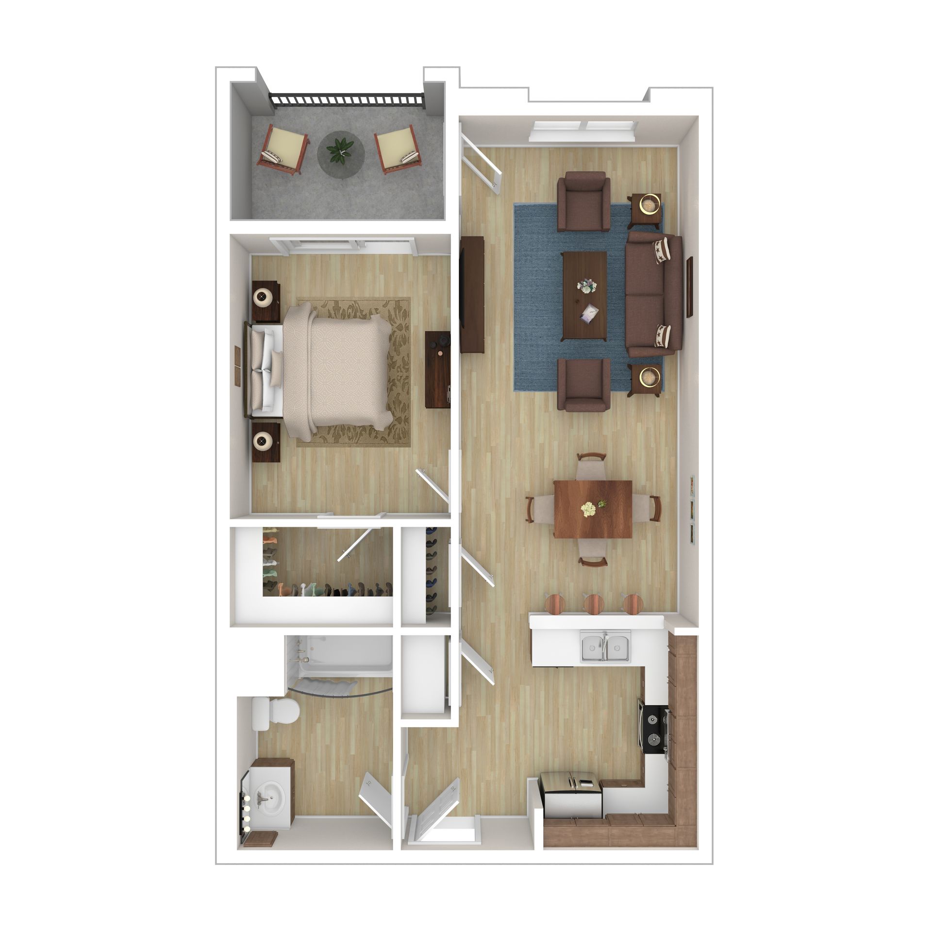 A 3d floor plan of a small apartment with a bedroom , living room , dining room , and kitchen.