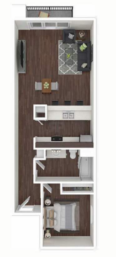 A 3d floor plan of a small apartment with a bedroom , living room , dining room , and kitchen.