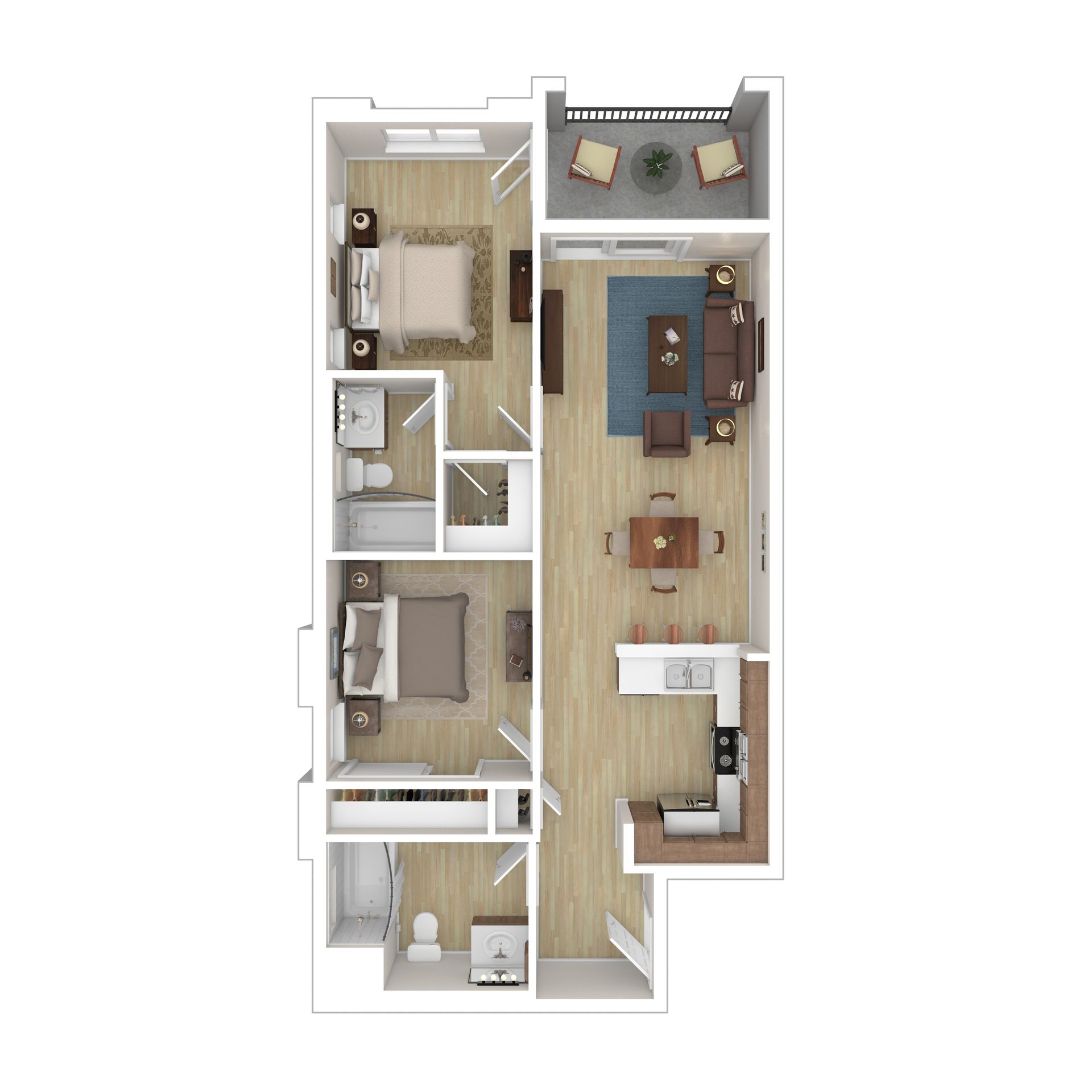 A 3d floor plan of a house with a bedroom , living room , dining room , and bathroom.