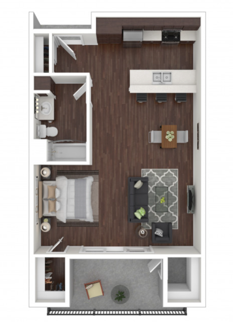 A floor plan of a small apartment with a bedroom , living room , dining room , and kitchen.