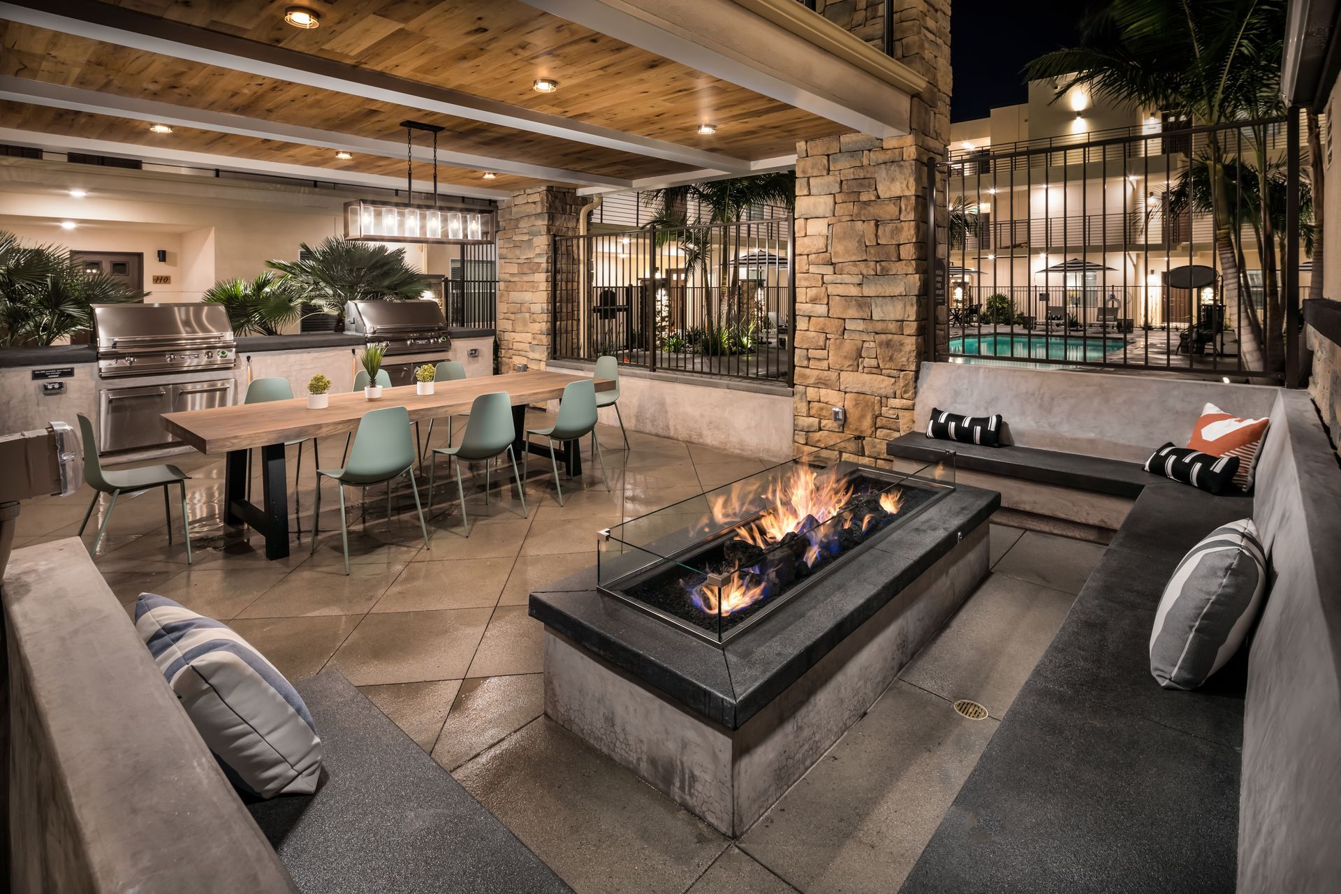 There is a fire pit in the middle of the room.