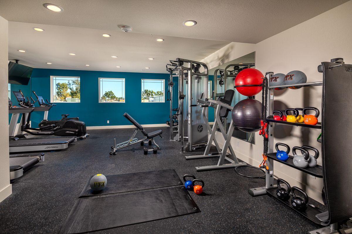 A gym with treadmills , exercise balls , and a large mirror.