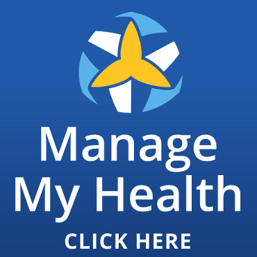 A blue sign that says manage my health click here