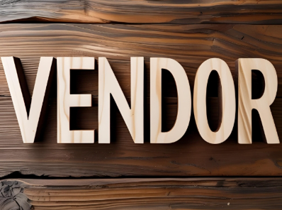 Wooden “VENDOR” sign in large white letters on a dark wood background