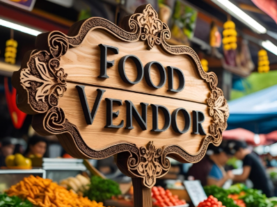 Decorative “Food Vendor” sign at a colorful market stall with fresh produce in the background