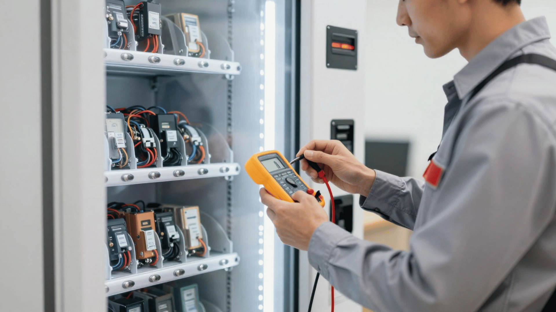 Professional vending machine technician performing vending machine repair service and equipment diagnostics for commercial businesses