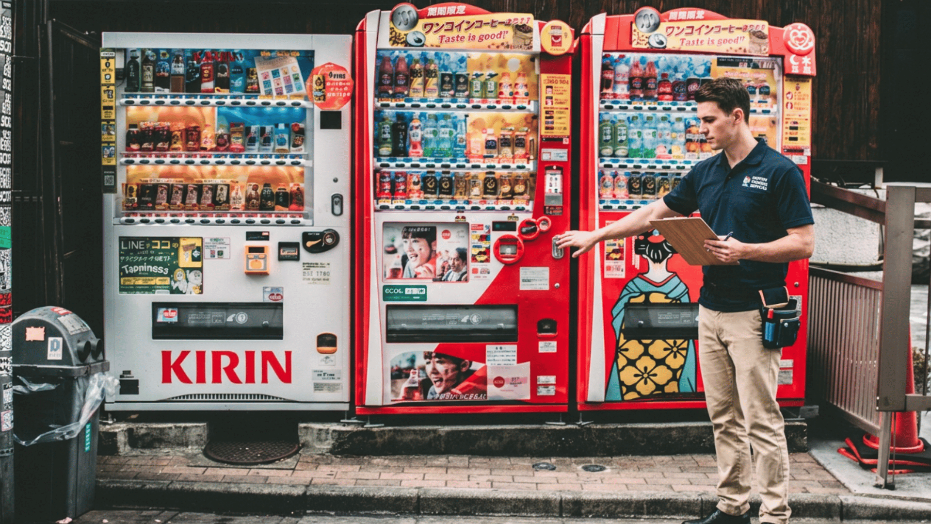 Professional technician performing vending machine maintenance services and routine inspections for commercial vending equipment