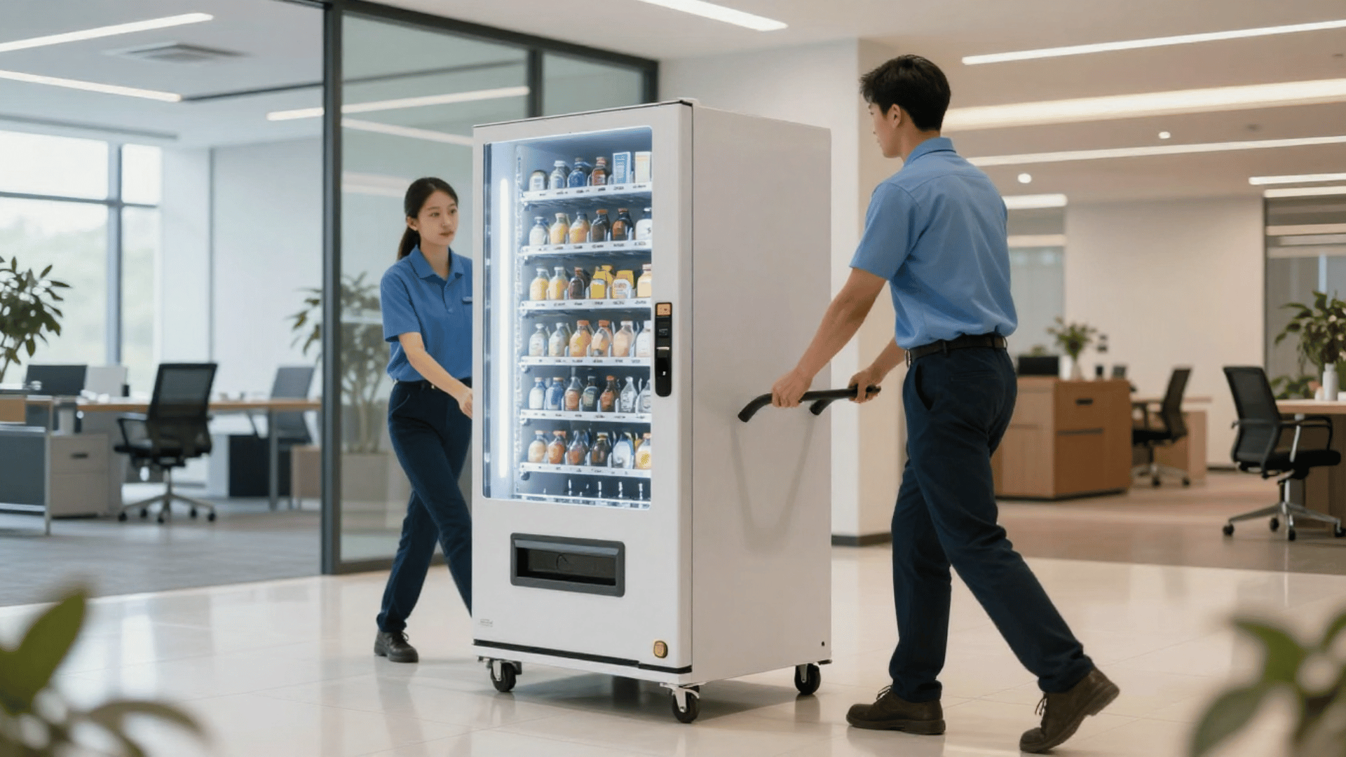 Professional vending machine installation services with technicians setting up commercial vending equipment in an office facility