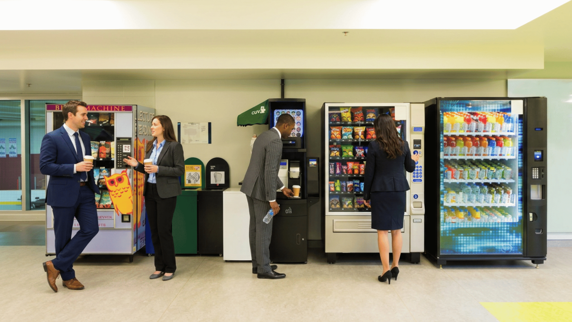 Workplace vending solutions with snack vending machines and beverage vending machines providing convenient employee refreshments