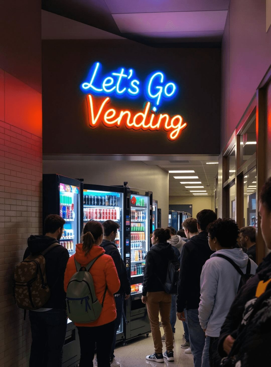 A group of people standing in a line in a hallway, waiting to use a row of vending machines under a neon